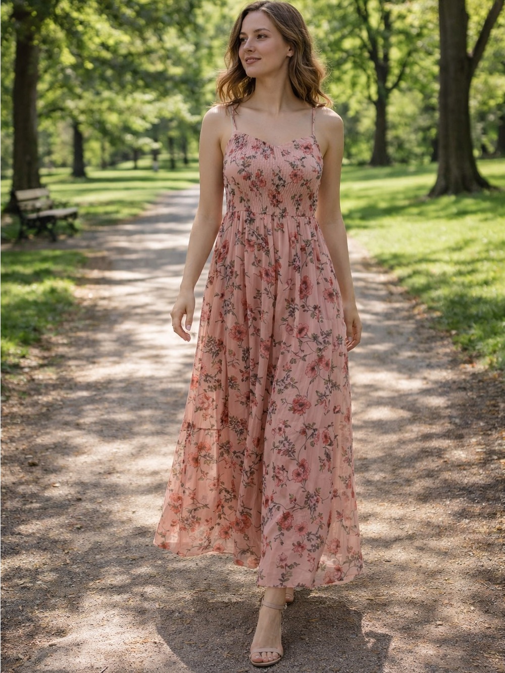 Smocked Spaghetti-Strap Floral Maxi Dress - Pink